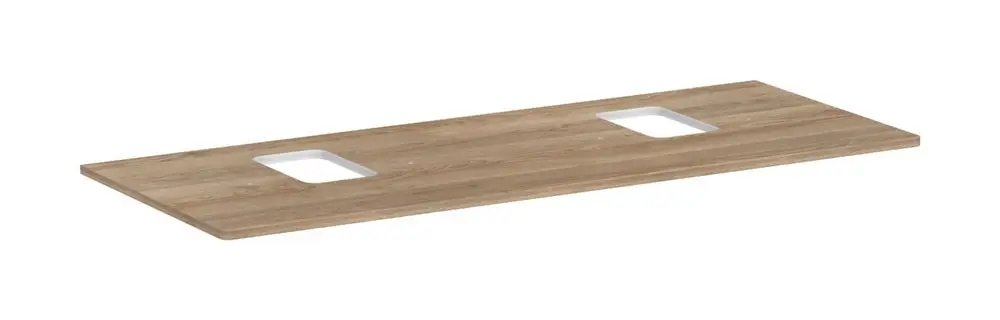 Konsole mit zwei Ausschnitten, geeignet für Aufsatzwaschtisch. Oberfläche in Holzoptik. Produkt von Hansgrohe.